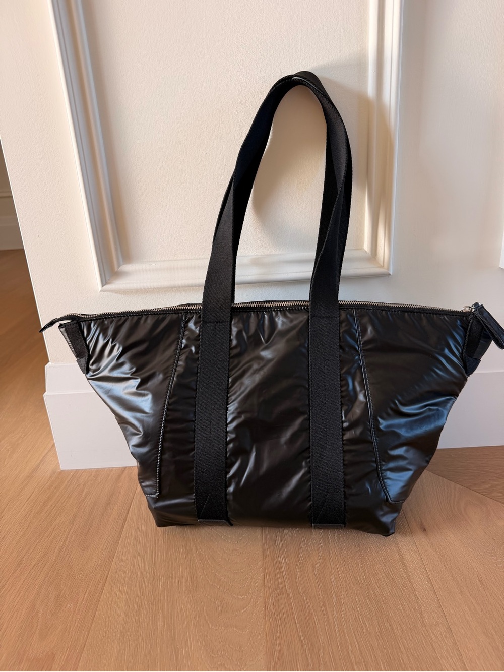 Black Glossy Puffer Tote Bag | Lightweight Zip Top Carryall